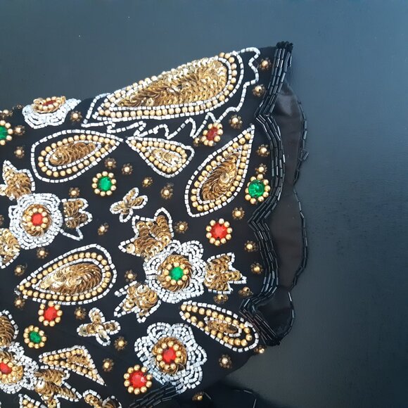 Night Vogue SZ Med 100% Silk Beaded & Sequin Black Evening Dress - Picture 4 of 16